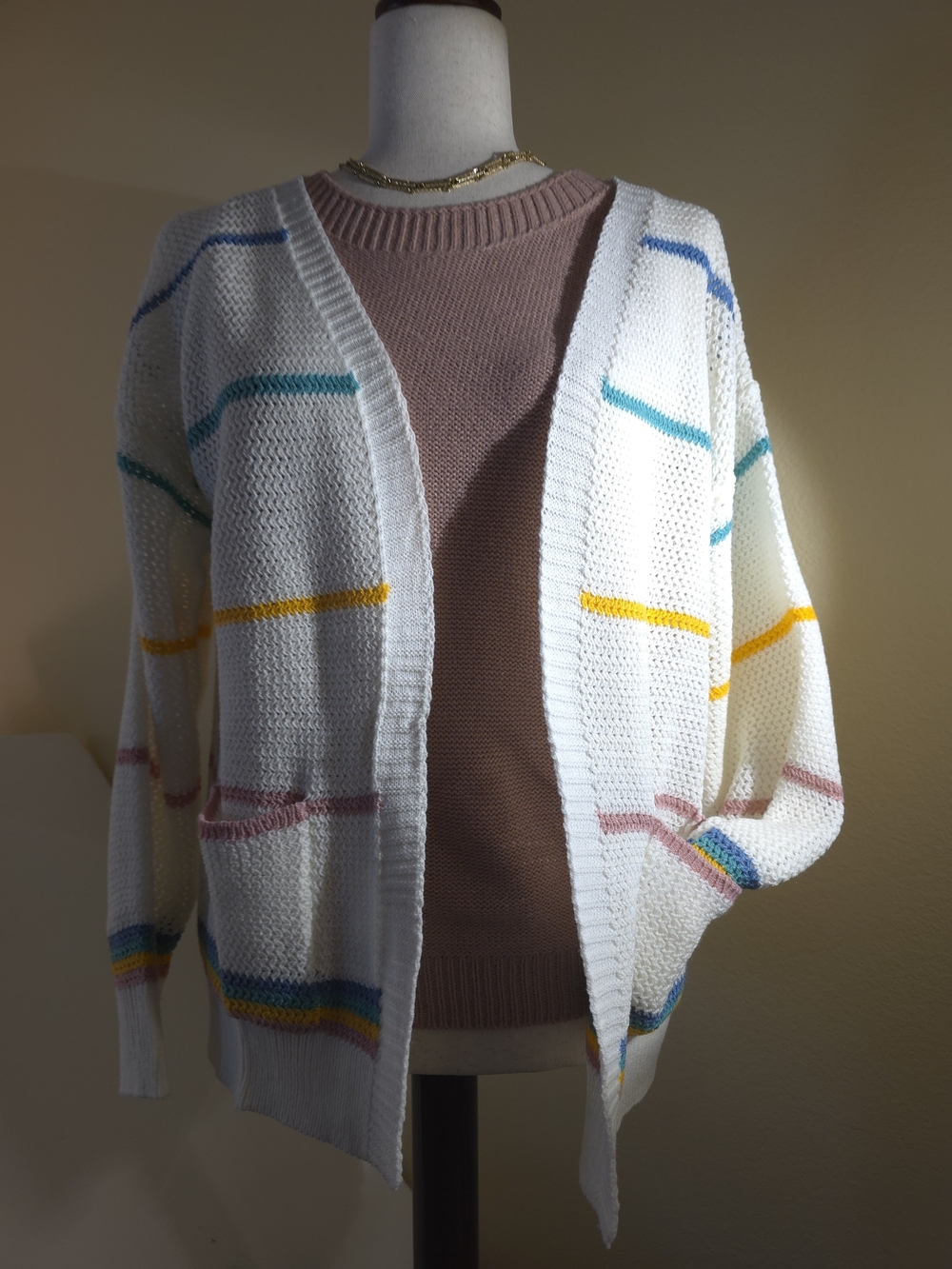 Open Knit Cardigan with Multicolor Stripe Detailing